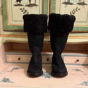 Chanel CC Black Suede + Curly Shearling Fur Cuff Rollable Boots